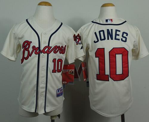 Braves #10 Chipper Jones Cream Cool Base Stitched Youth MLB Jersey - Click Image to Close